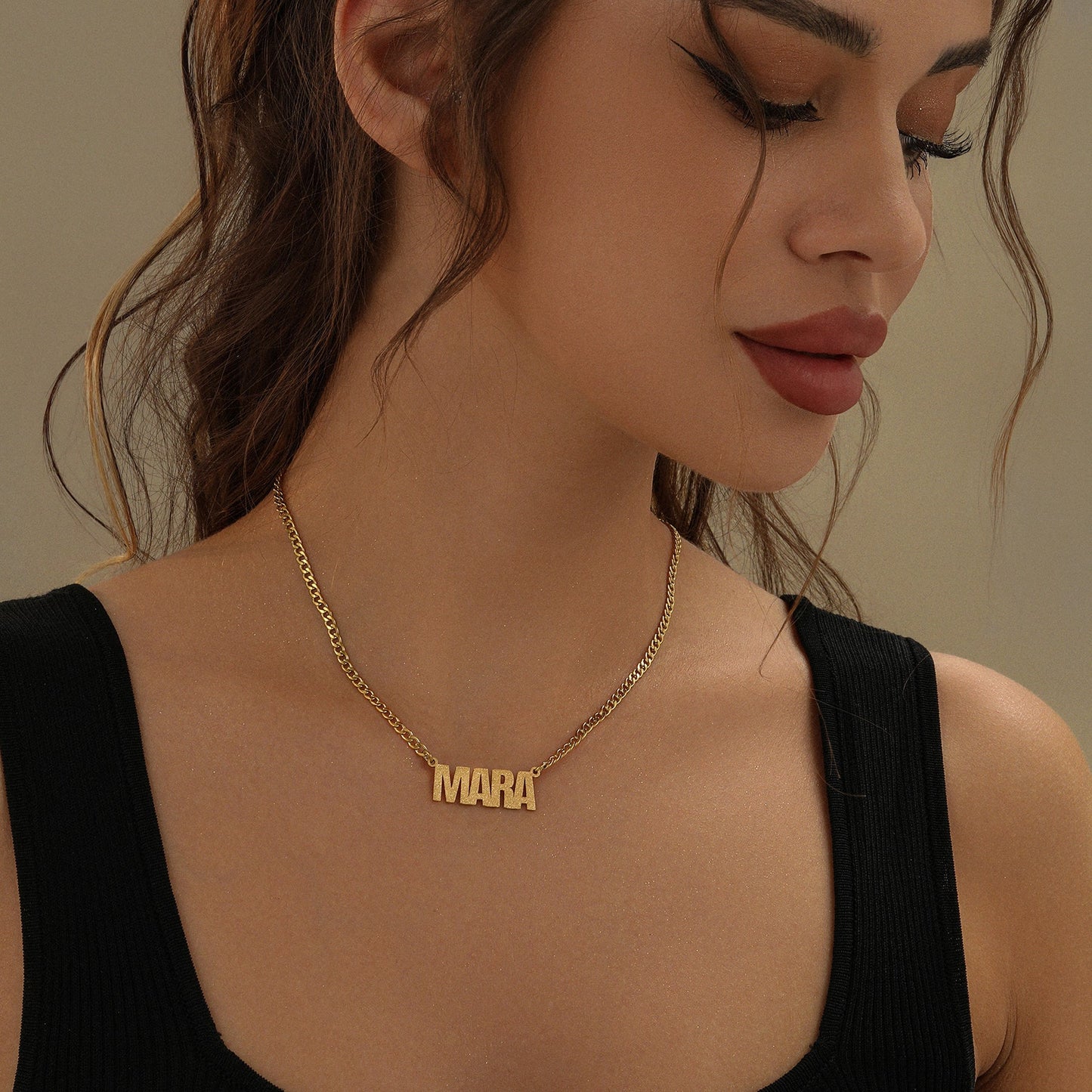 Diamond Cut Block Name Necklace