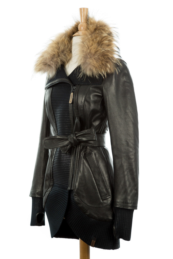 Anahita Leather Coat With Fur Trim